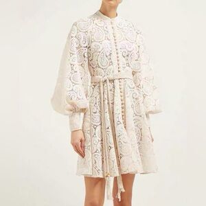 Elegant Cream Lace Dress with Belt Design